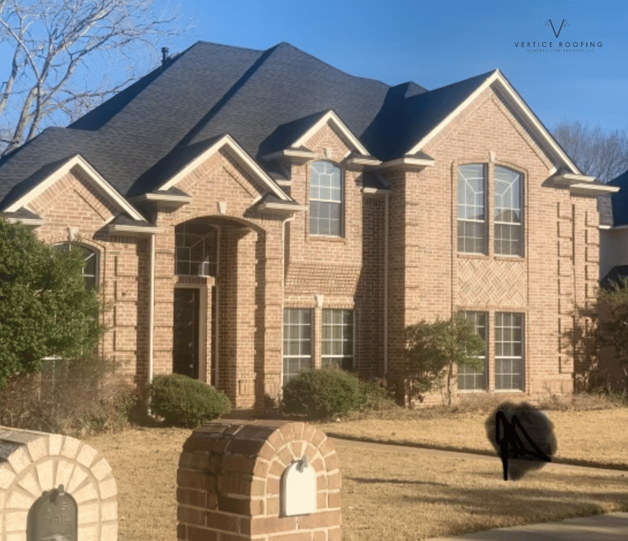 Finished roof replacement showing clean roofline on Plano home
